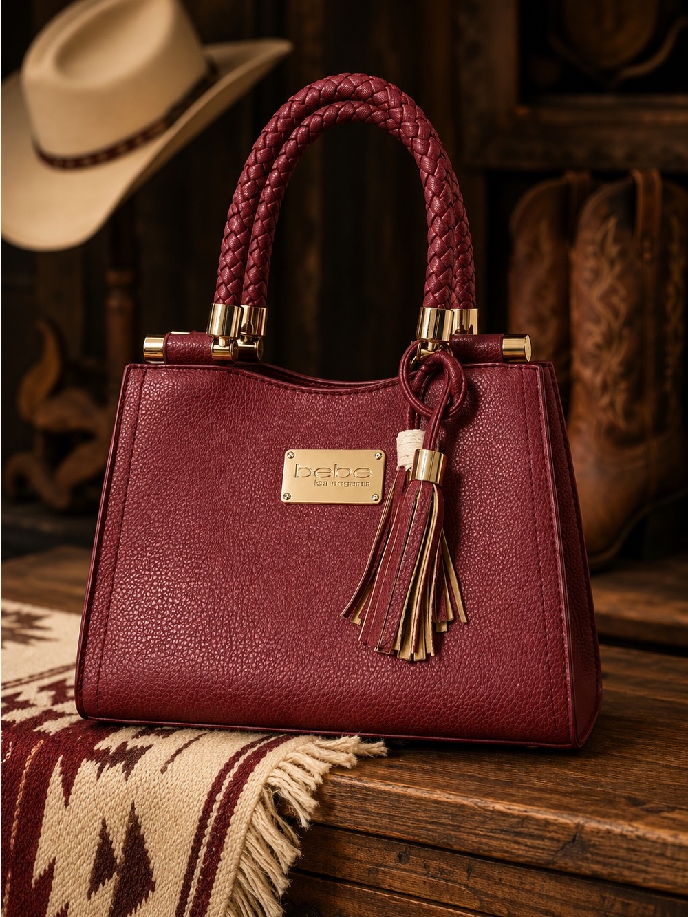 bebe Burgundy Satchel with Braided Handles and Tassel